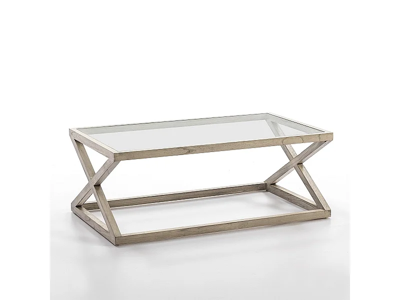 Mesa de centro de vidrio y madera maciza pintada gris velado 120 cm