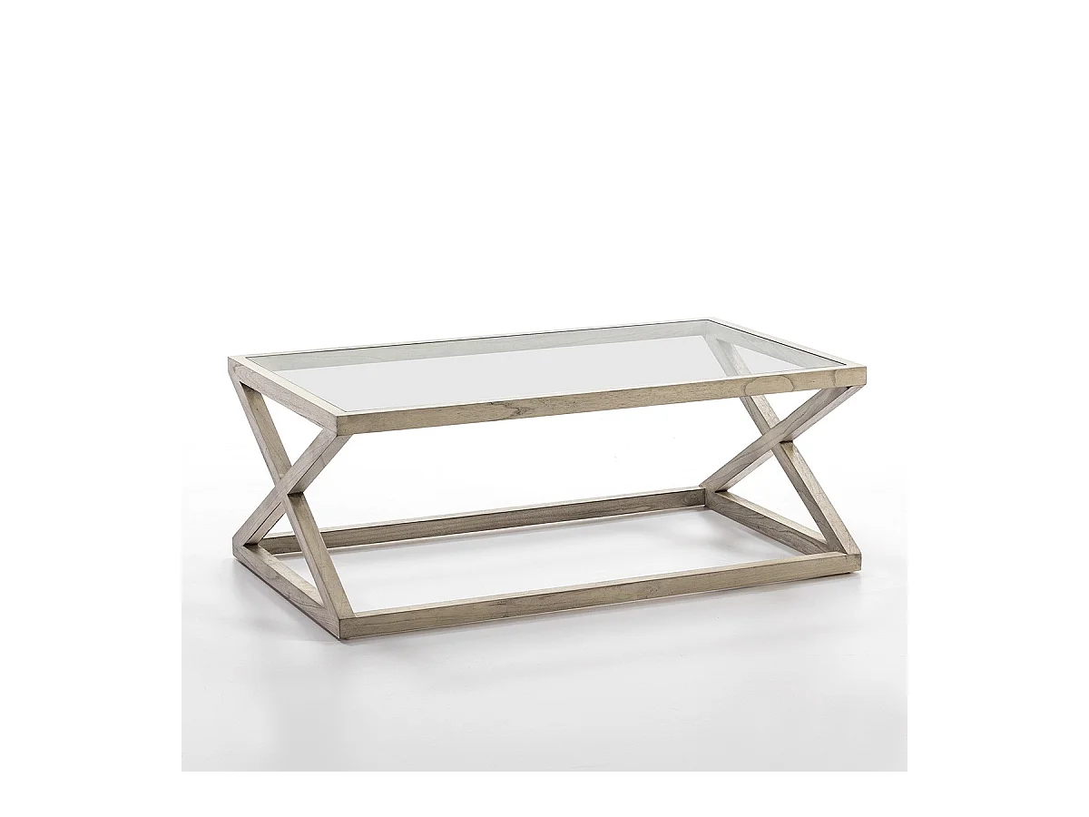 Table basse verre et bois massif peint gris voilé 120cm