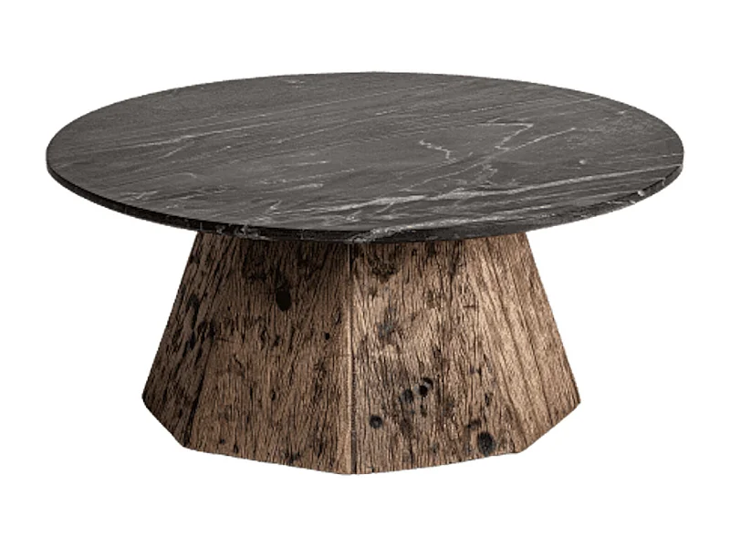 Mesa de centro redonda de mármol negro y patas de madera maciza reciclada Wader 80 cm