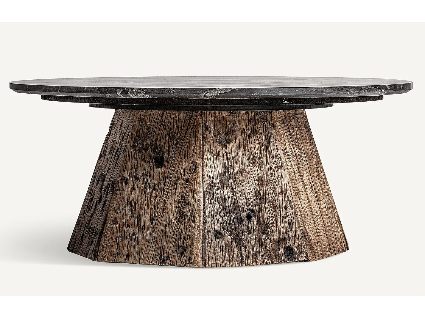 Table basse ronde marbre de noir et pieds bois massif recyclé Wader 80cm