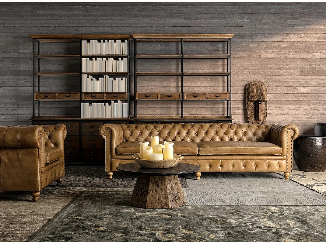 Table basse ronde marbre de noir et pieds bois massif recyclé Wader 80cm