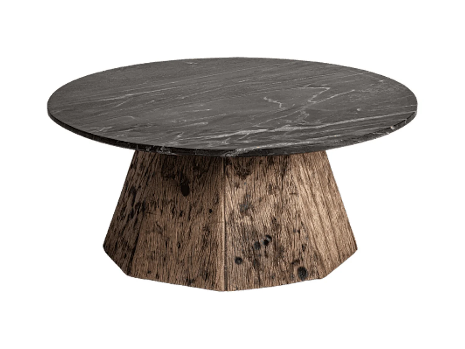 Table basse ronde marbre de noir et pieds bois massif recyclé Wader 80cm