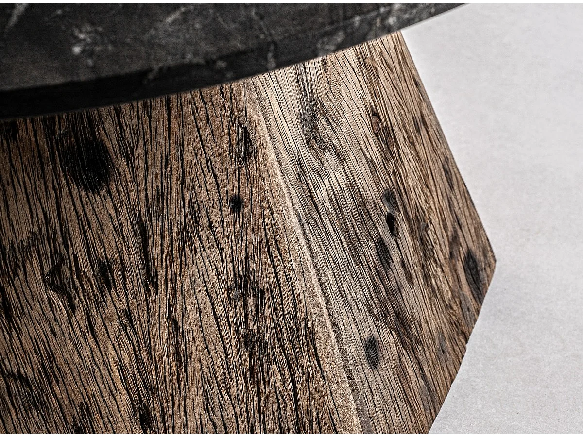 Table basse ronde marbre de noir et pieds bois massif recyclé Wader 80cm