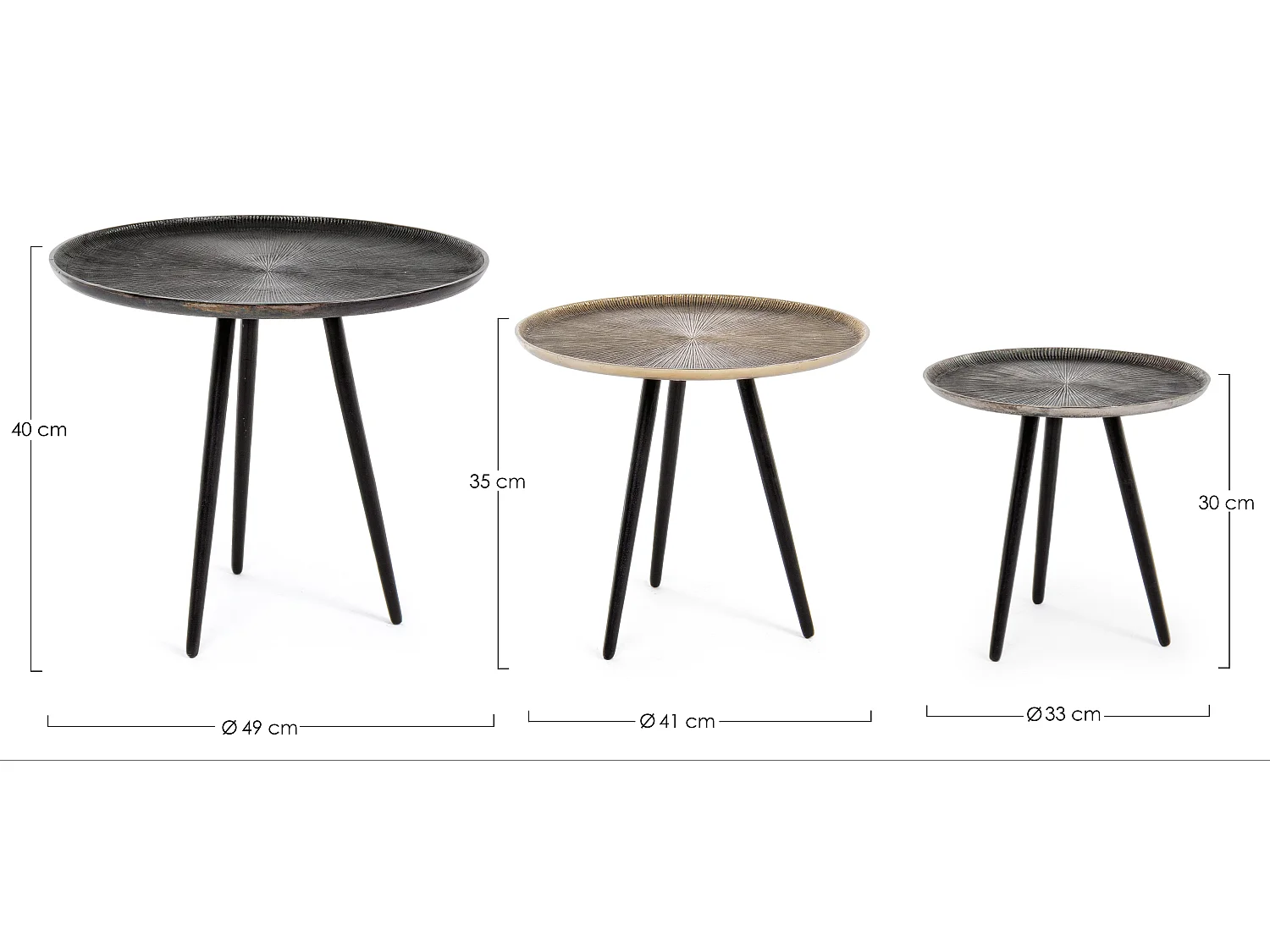 Ama ronde aluminium salontafel en zwarte poten - Set van 3