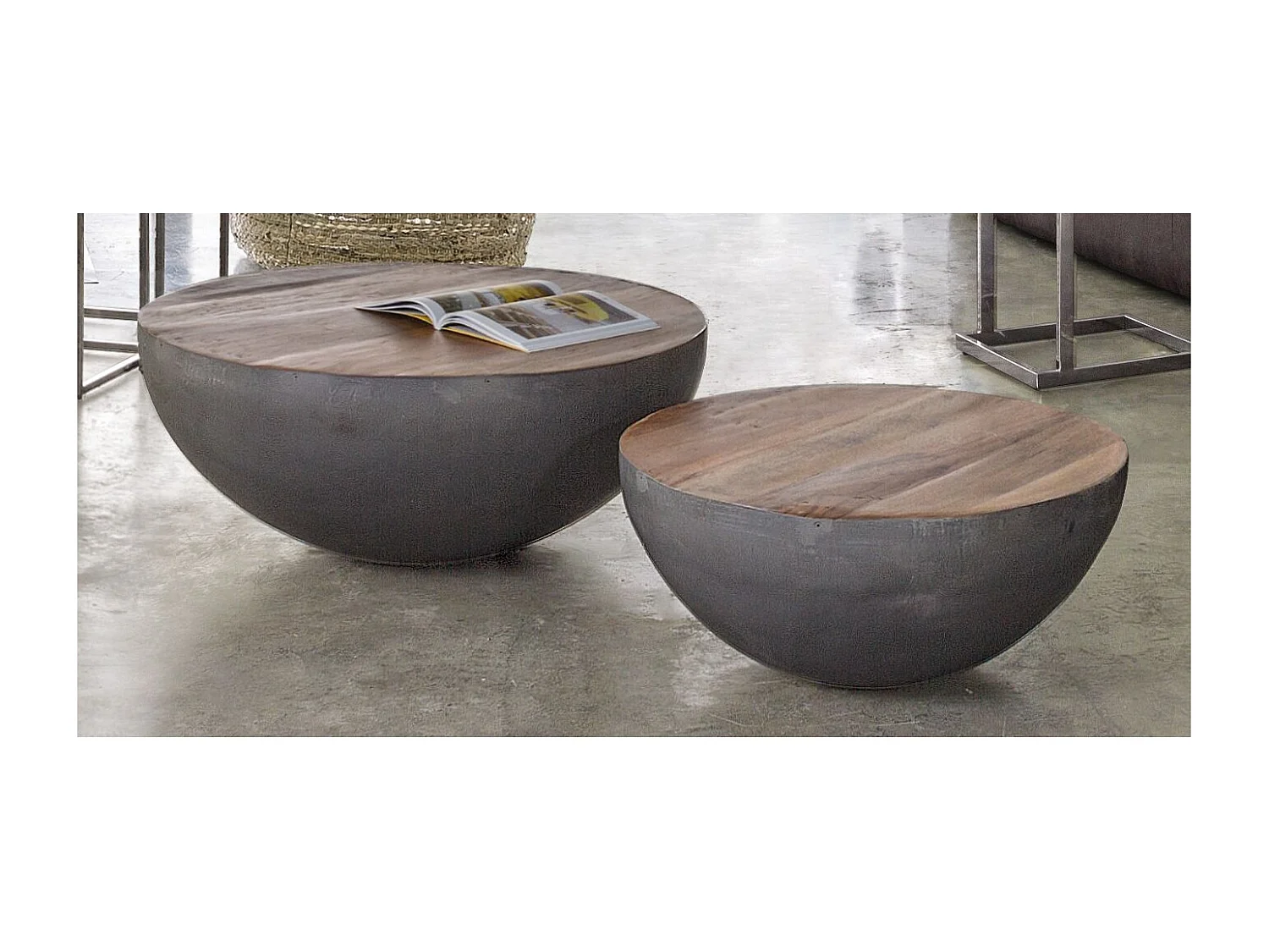 Table basse ronde en bois et acier argent Lara 90cm