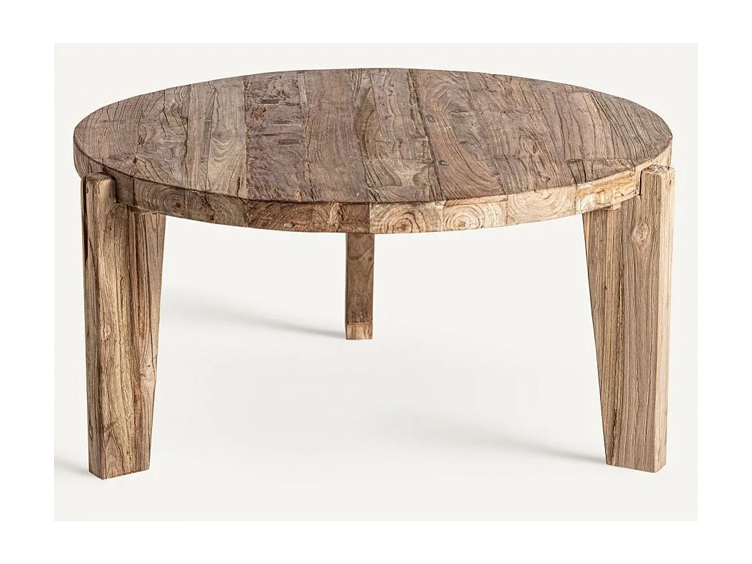 Mesa de centro redonda madera maciza natural estilo colonial envejecido Rubha 107 cm