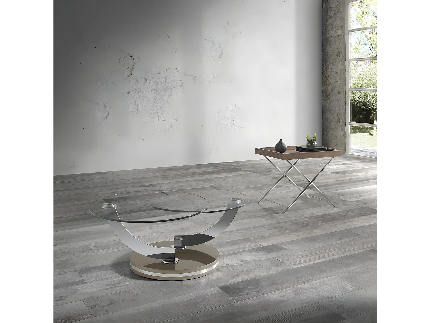 Table basse laquée marron articulée avec mécanisme pivotant synchronisé Modena