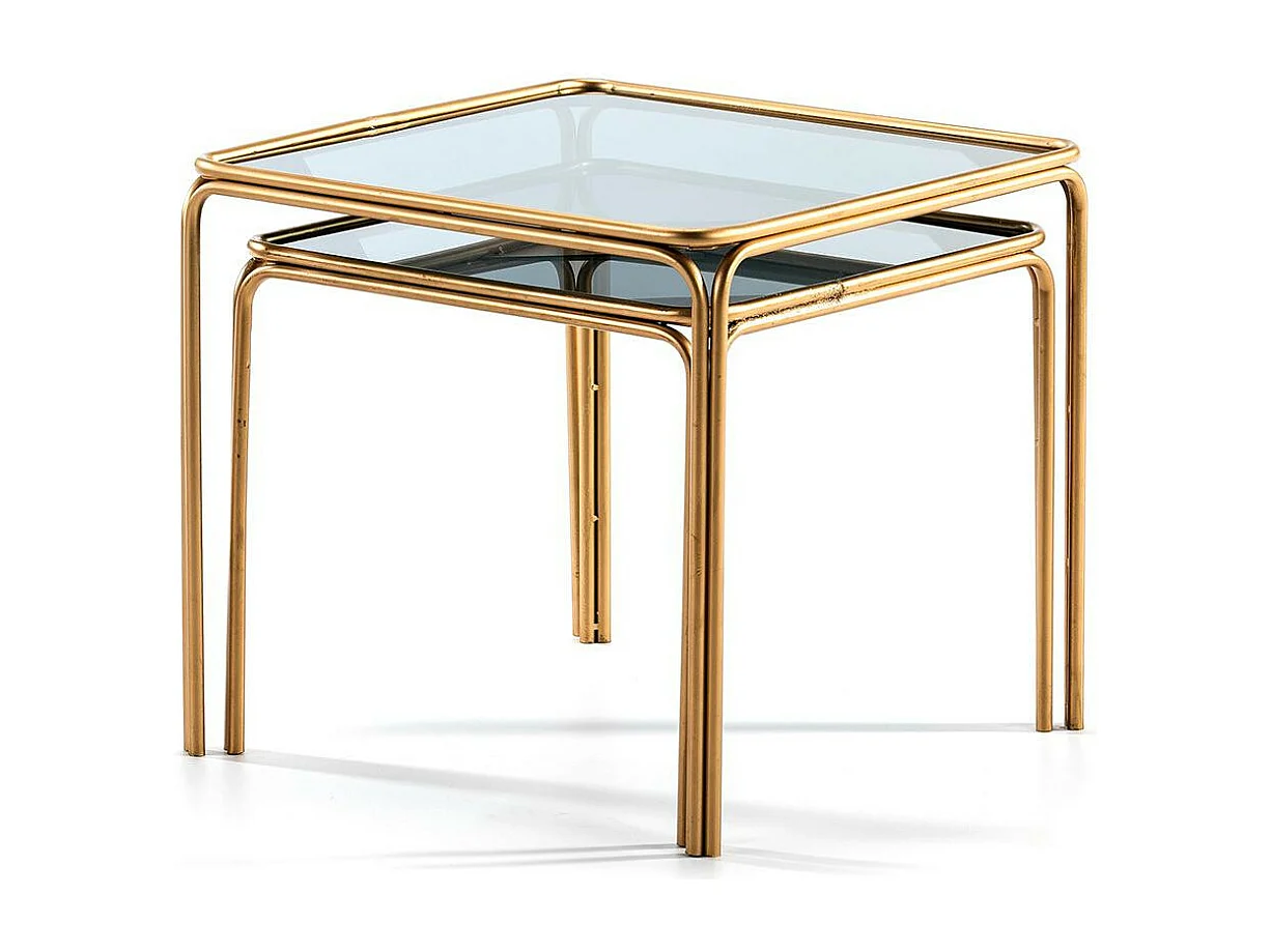 Table d'appoint carrée verre fumé et métal doré Diras - Lot de 2