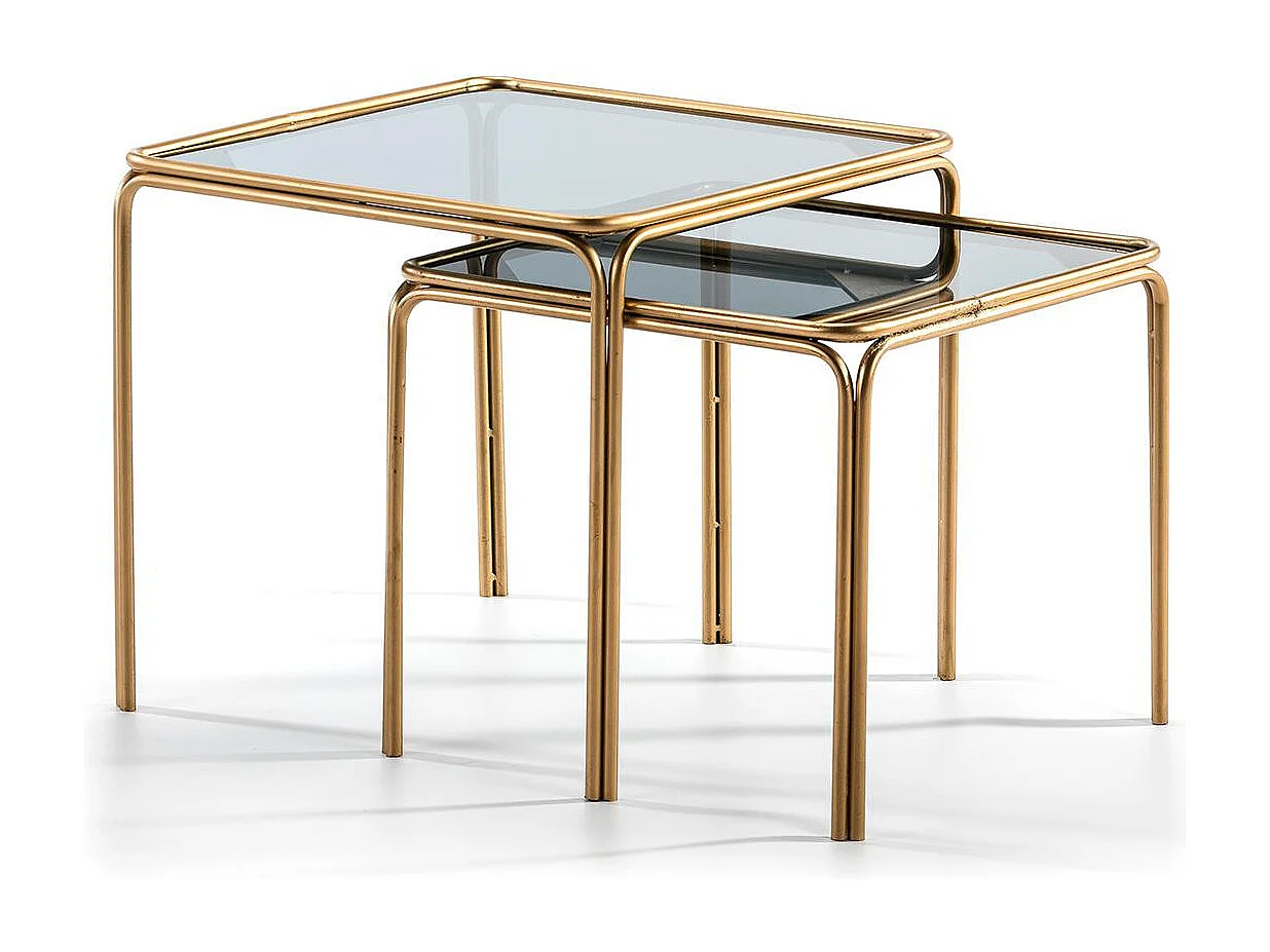 Table d'appoint carrée verre fumé et métal doré Diras - Lot de 2