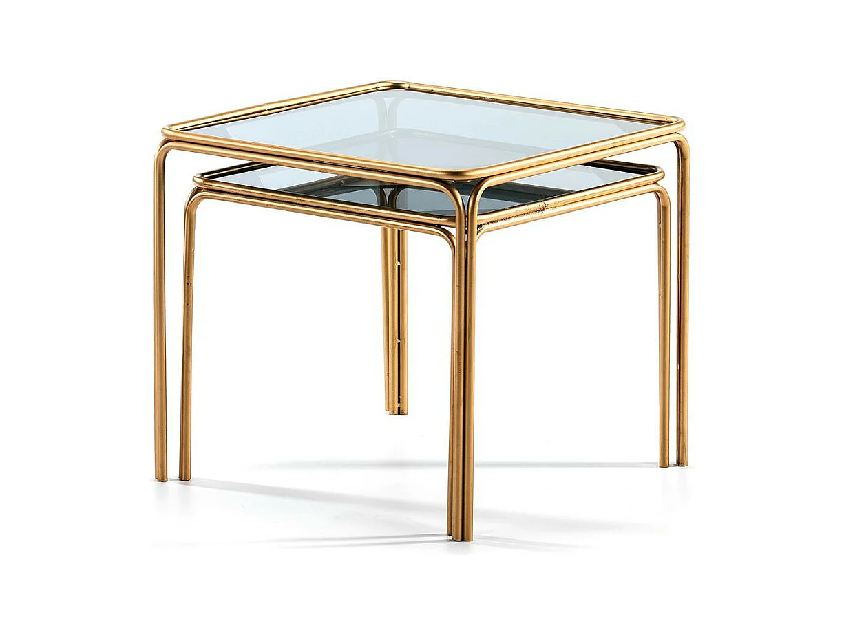 Table d'appoint carrée verre fumé et métal doré Diras - Lot de 2