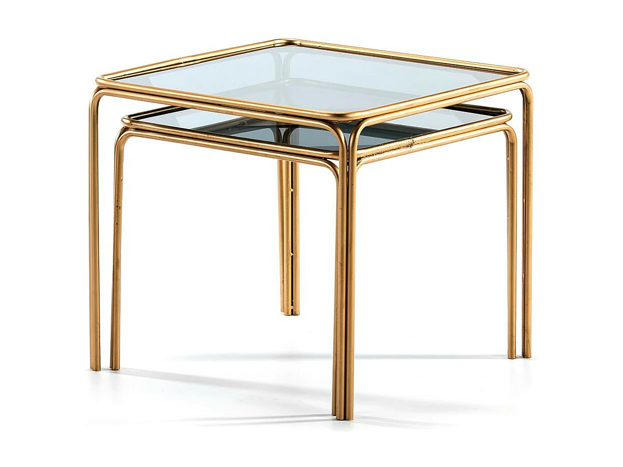 Table d'appoint carrée verre fumé et métal doré Diras - Lot de 2