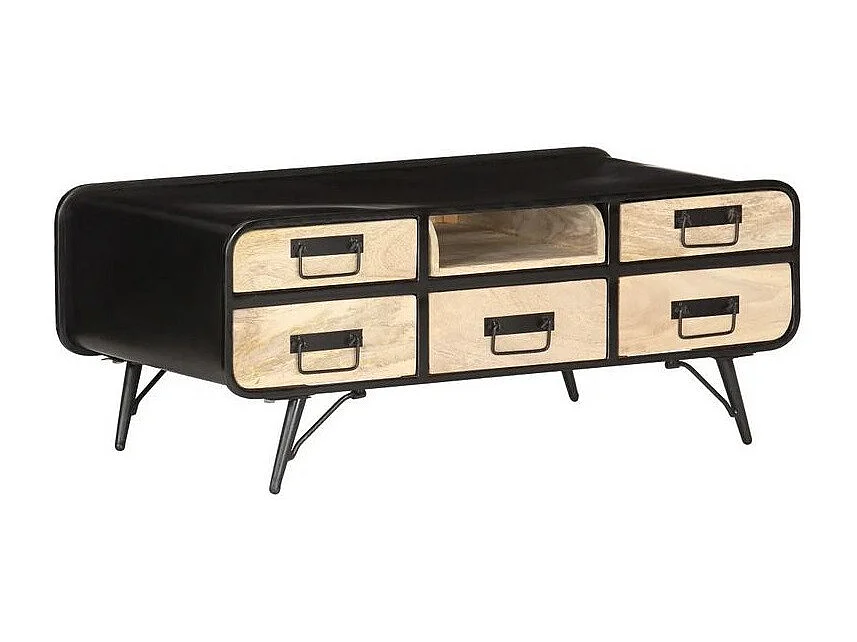 Table basse 5 tiroirs métal noir et manguier massif Wazia