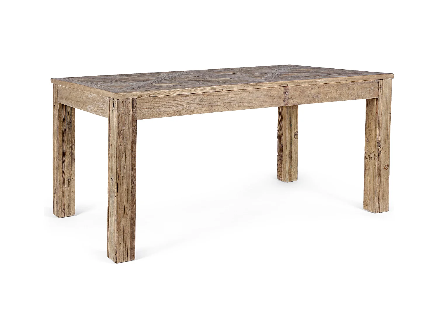 Table à manger en bois d'orme avec plateau effet parquet vieilli Kaira-Largeur 160 cm