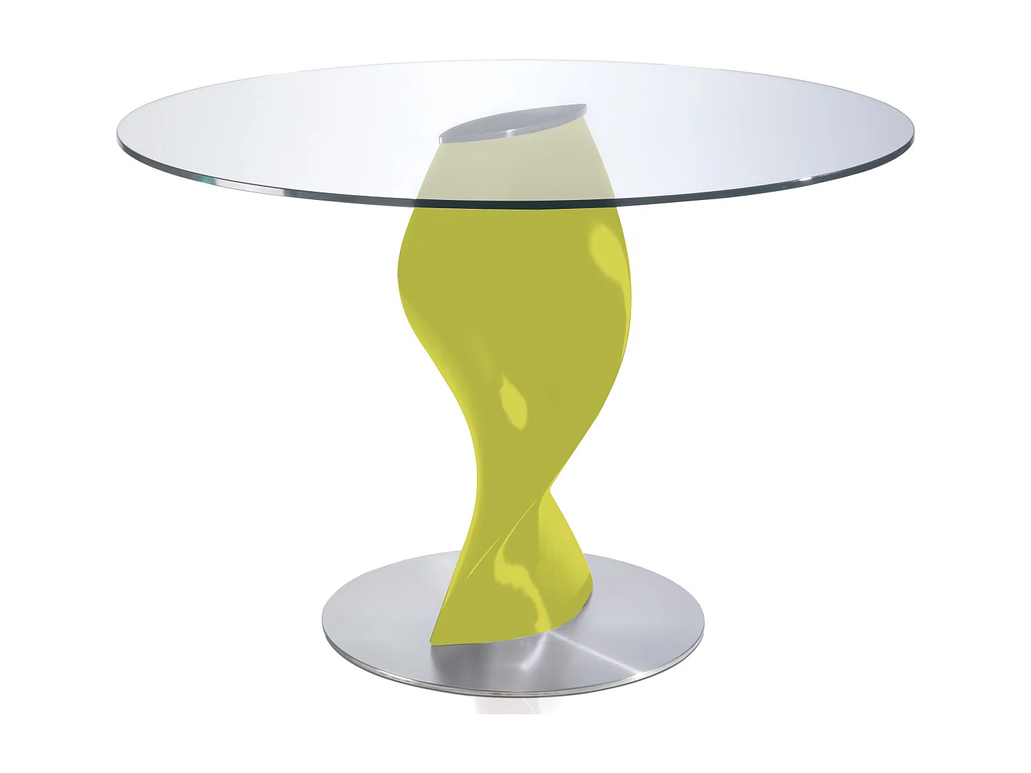 Table ronde plateau verre et pied fibre de verre laqué pistache Torsada-Dimensions D 110 x H 76 cm