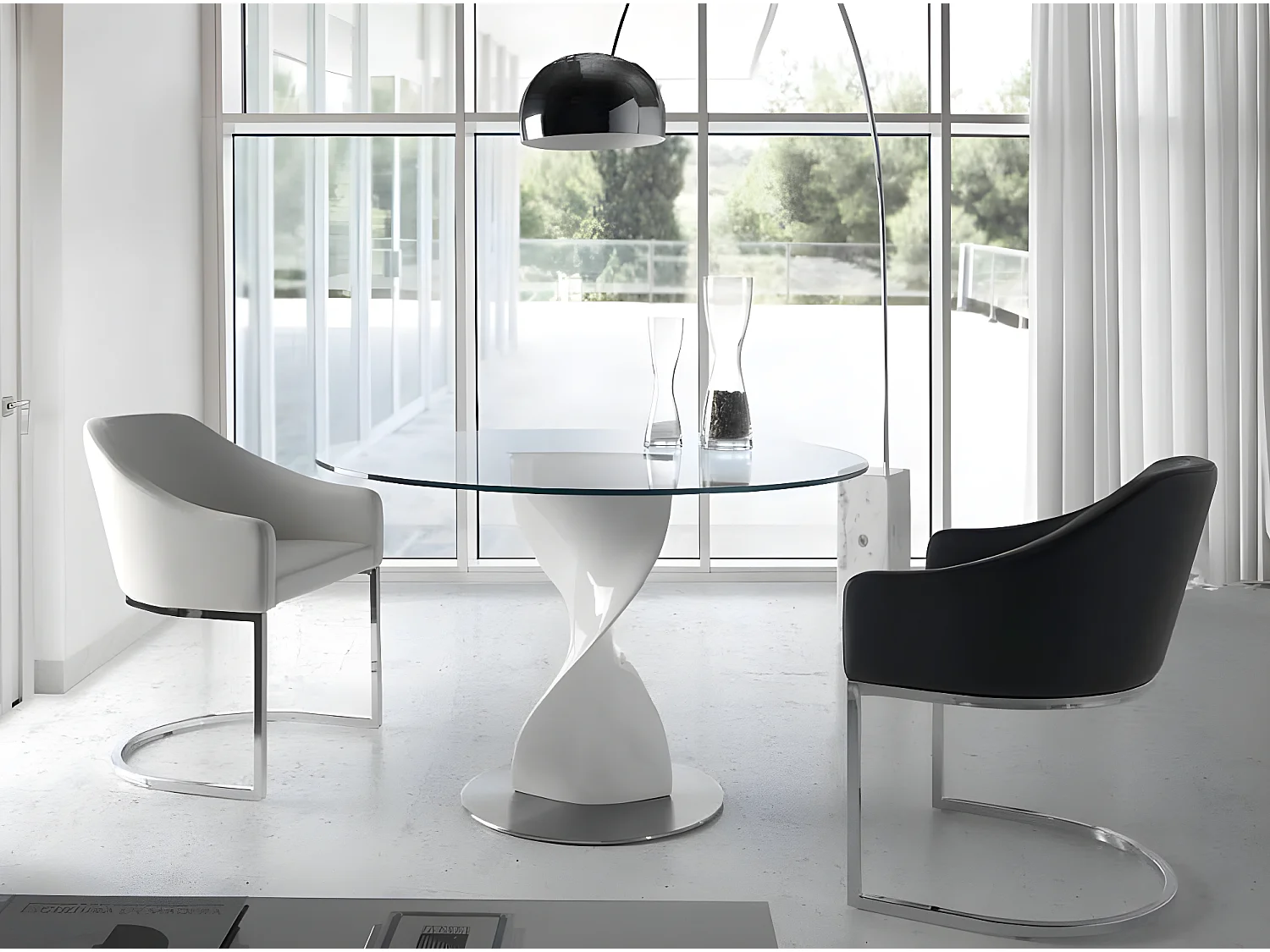 Table ronde plateau verre et pied fibre de verre laqué pistache Torsada-Dimensions D 110 x H 76 cm