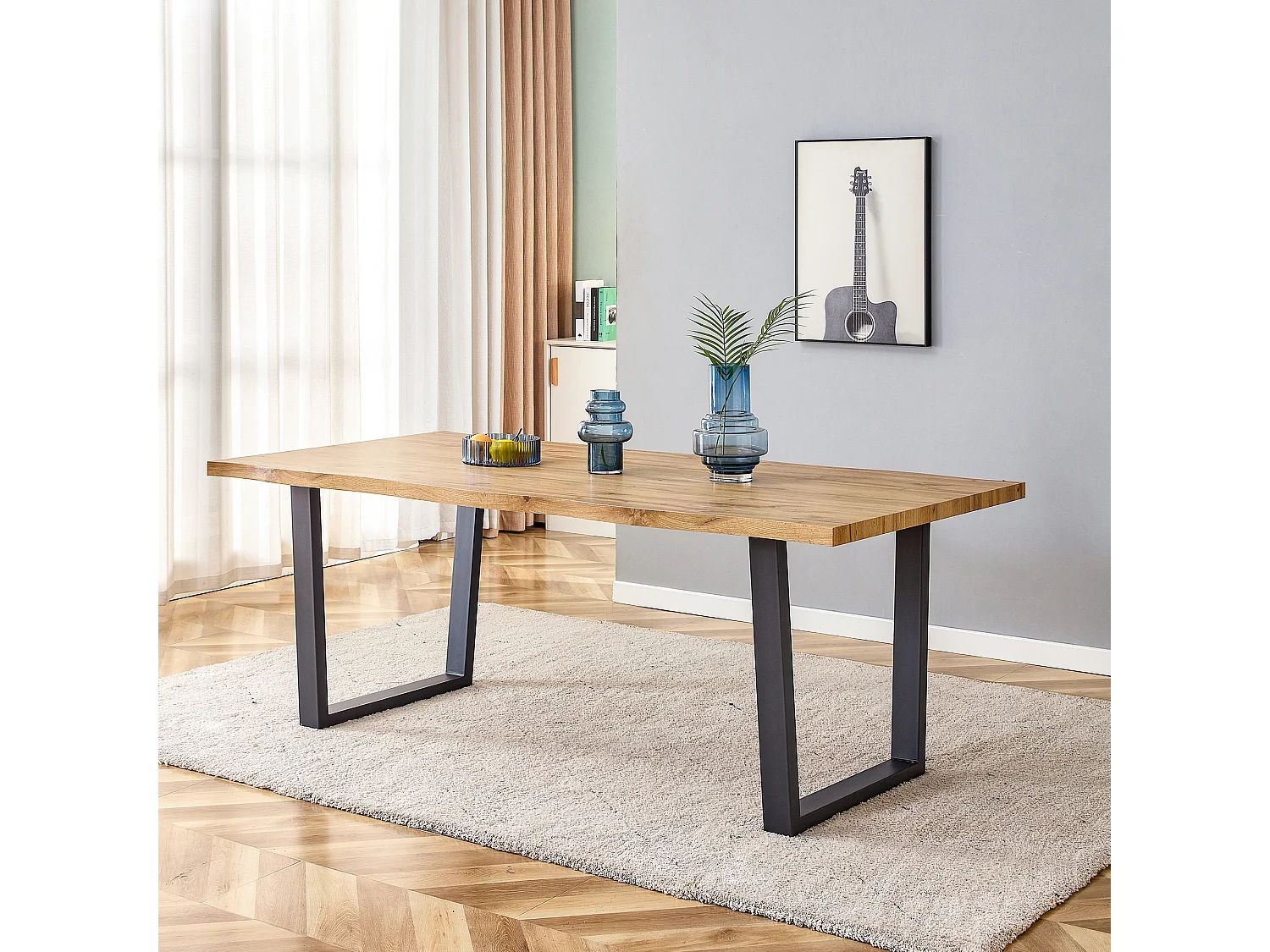 Table à manger bois de chêne rustique et métal noir Kibak 160cm