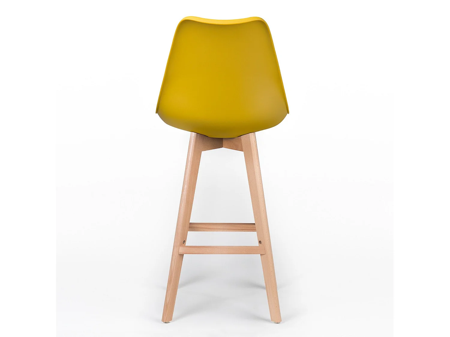 Taburete alto nórdico con cojín de polipiel amarillo curry y patas de haya clara Tula 76 cm