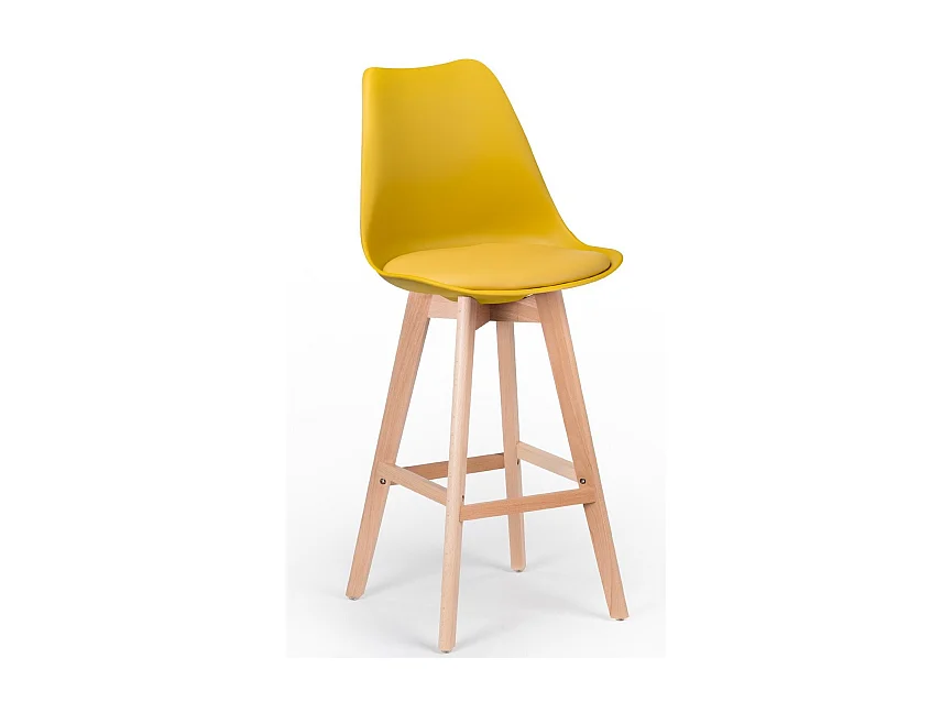 Tabouret haut nordique coussin simili cuir jaune curry et pieds hêtre clair Tula 76cm