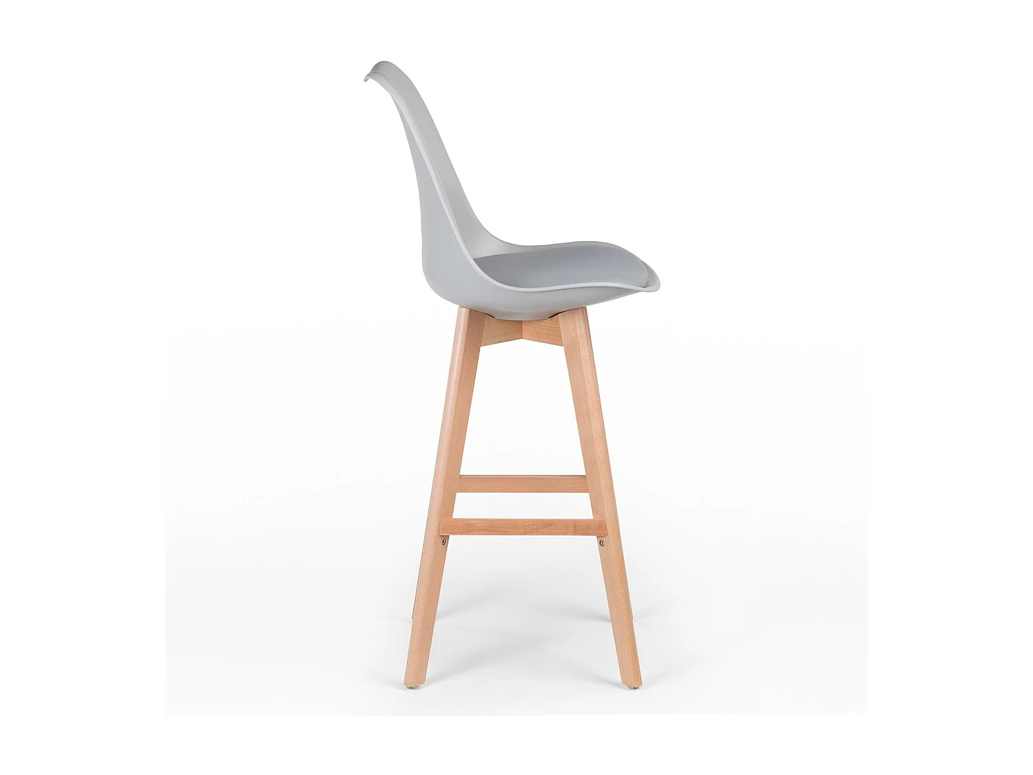 Taburete alto nórdico con cojín polipiel gris claro y patas de haya clara Tula 76 cm