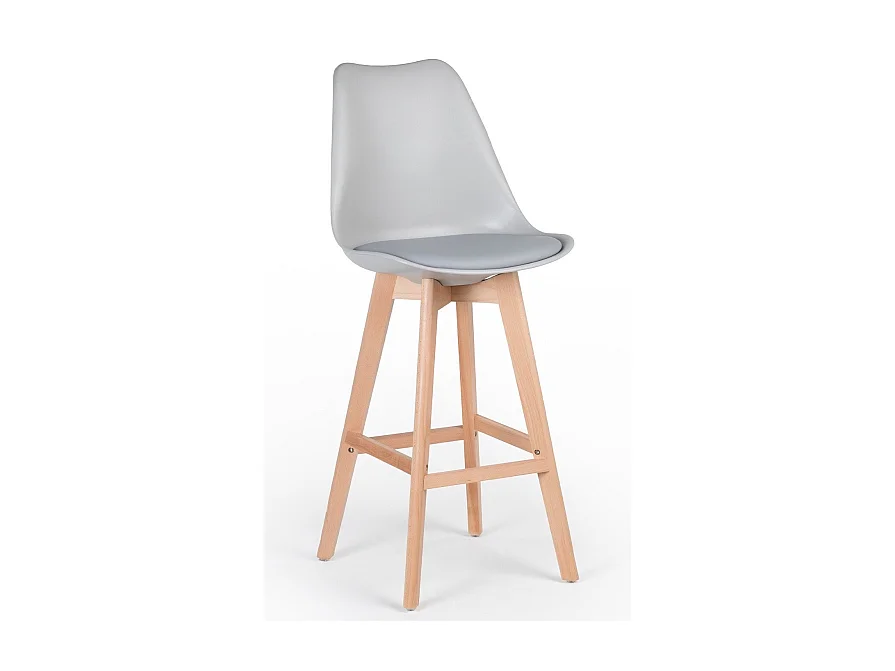 Tabouret haut nordique coussin simili cuir gris clair et pieds hêtre clair Tula 76cm