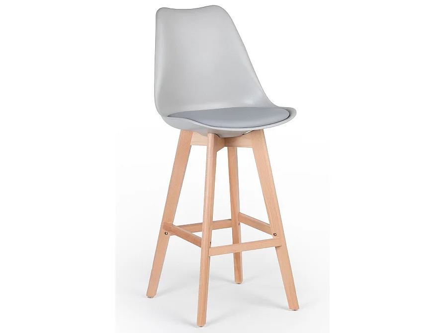 Taburete alto nórdico con cojín polipiel gris claro y patas de haya clara Tula 76 cm