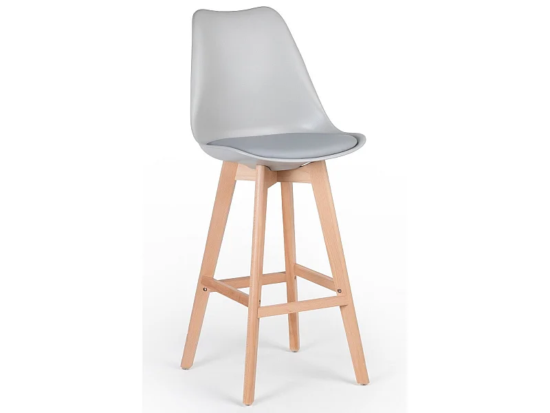 Tabouret haut nordique coussin simili cuir gris clair et pieds hêtre clair Tula 76cm