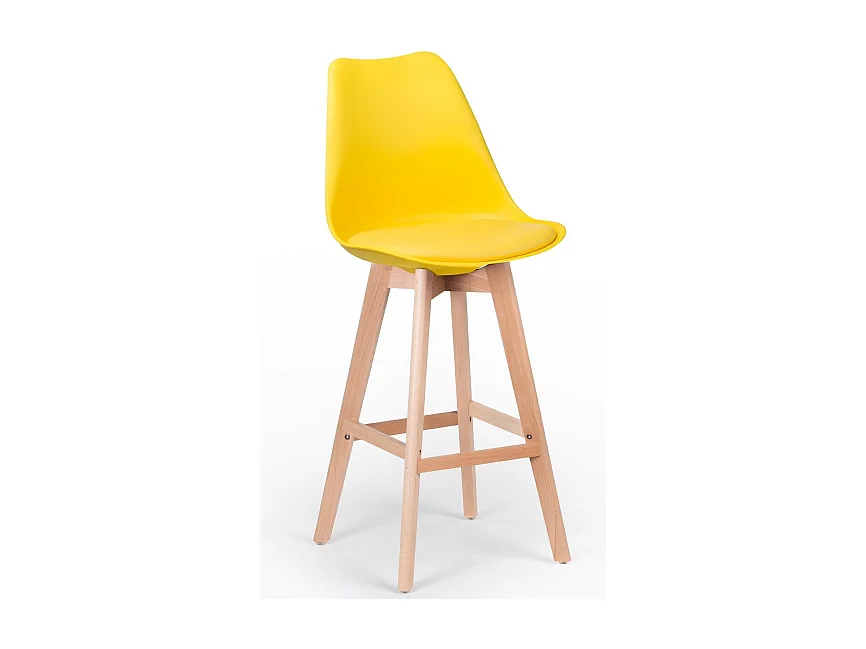 Tabouret haut nordique coussin simili cuir jaune citron et pieds hêtre clair Tula 76cm