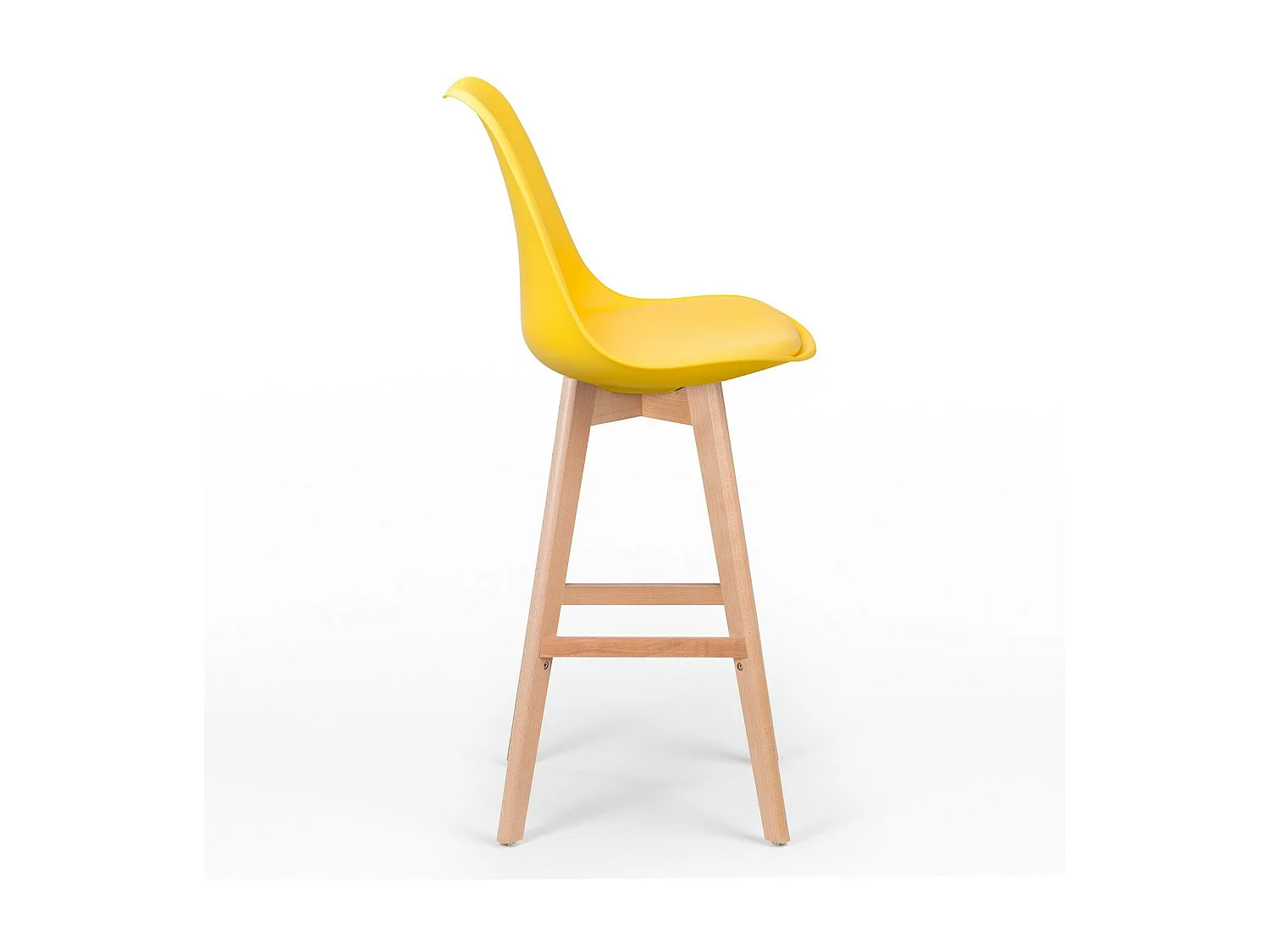 Taburete alto nórdico con cojín de piel sintética amarillo limón y patas de haya clara Tula 76 cm