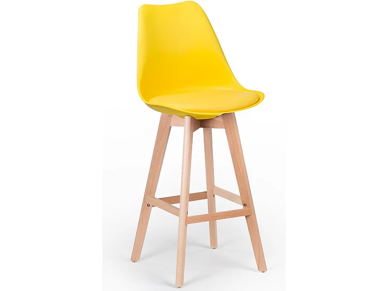 Tabouret haut nordique coussin simili cuir jaune citron et pieds hêtre clair Tula 76cm