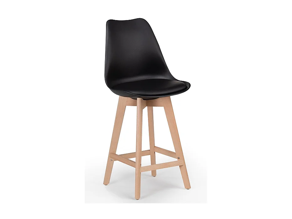 Tabouret nordique coussin simili cuir noir et pieds hêtre clair Tula 67cm