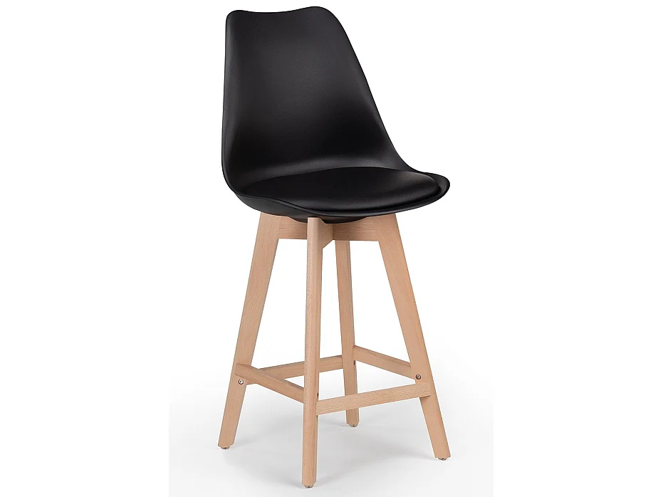 Taburete nórdico con cojín polipiel negro y patas de haya clara Tula 67 cm