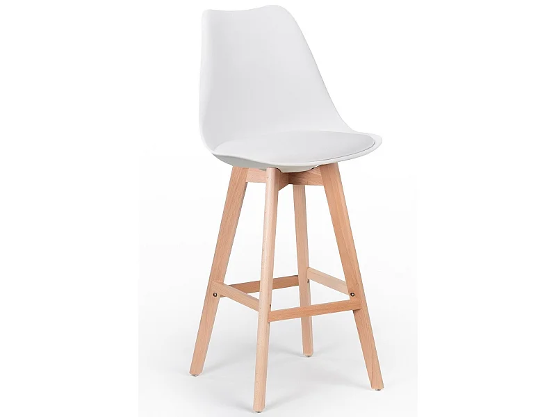 Taburete alto nórdico con cojín símil piel blanco y patas de haya clara Tula 76 cm