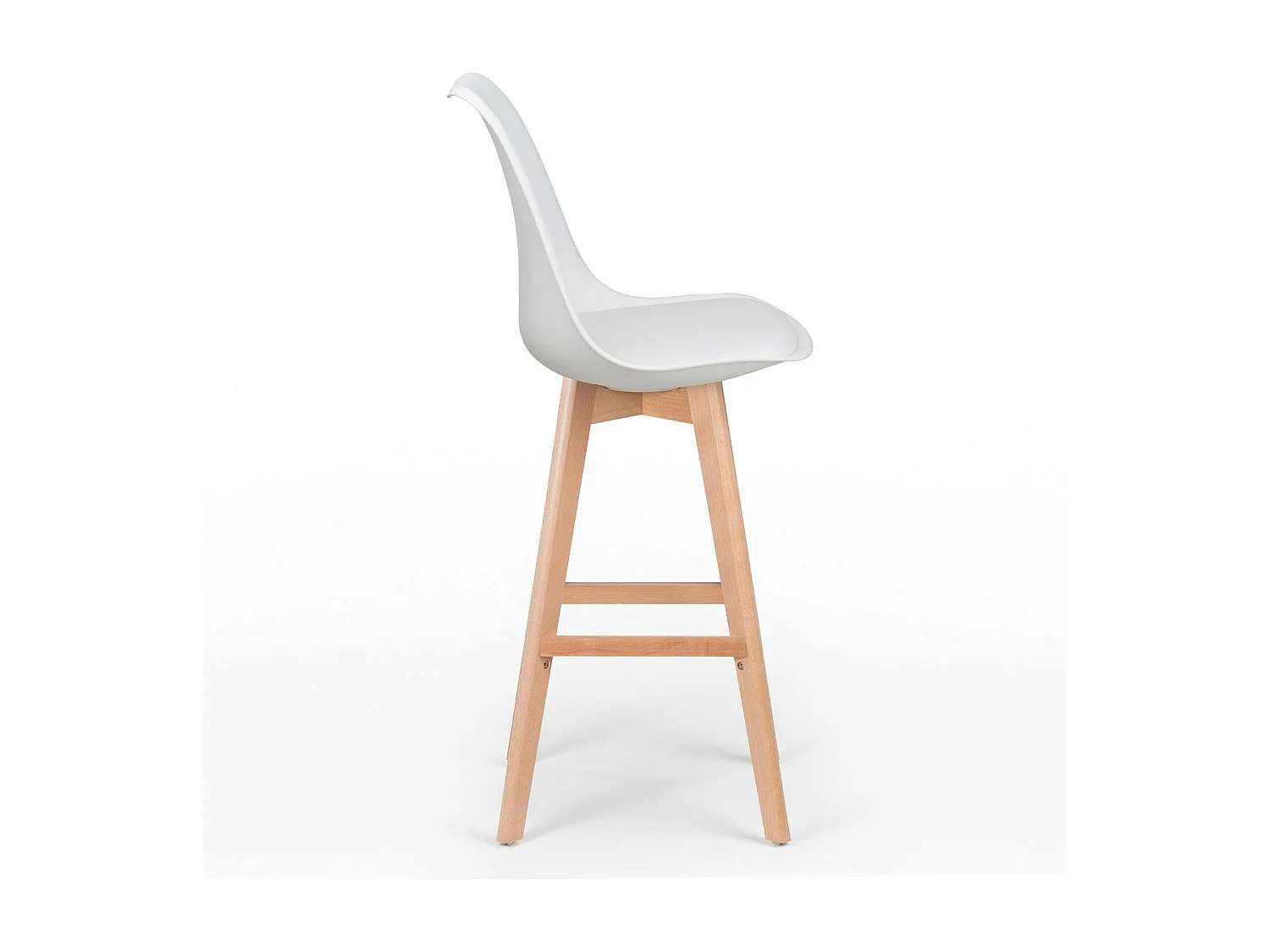 Taburete alto nórdico con cojín símil piel blanco y patas de haya clara Tula 76 cm