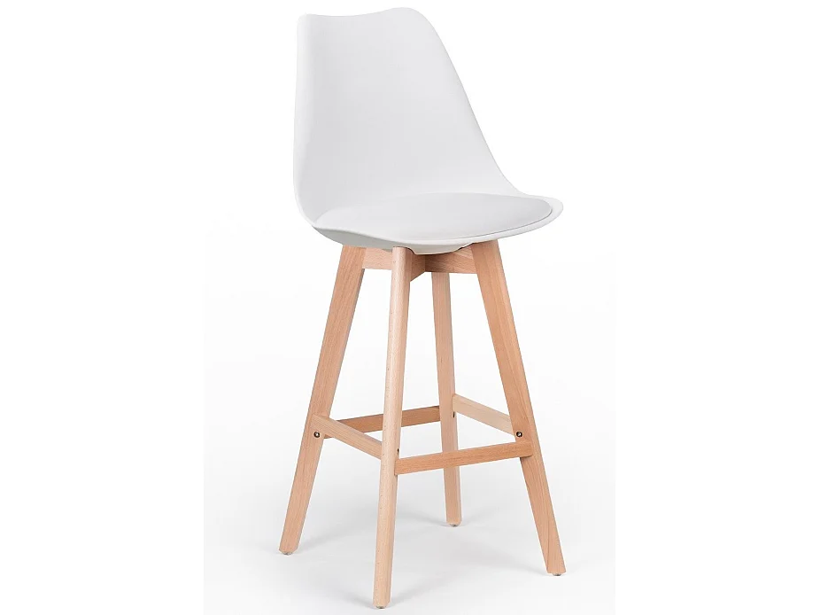 Tabouret haut nordique coussin simili cuir blanc et pieds hêtre clair Tula 76cm