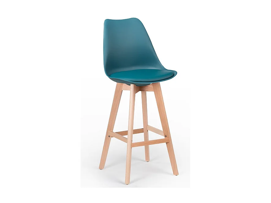 Tabouret haut nordique coussin simili cuir bleu canard et pieds hêtre clair Tula 76cm
