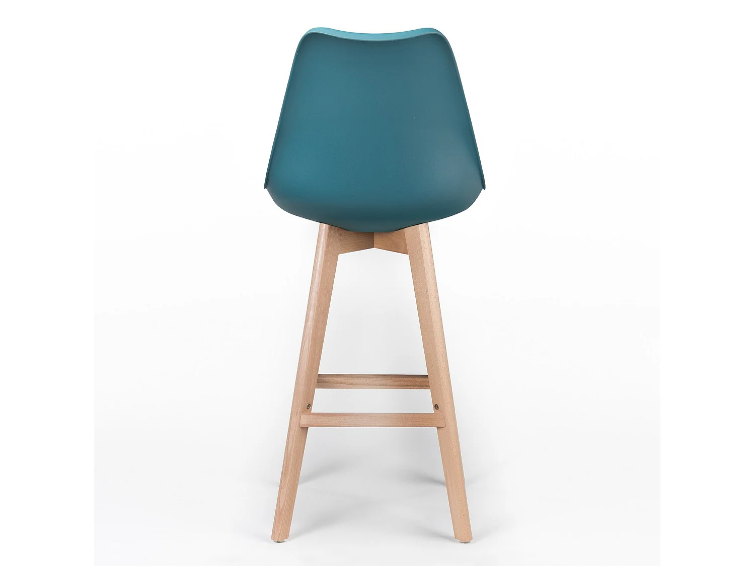 Taburete alto nórdico con cojín de piel sintética azul pato y patas de haya clara Tula 76 cm