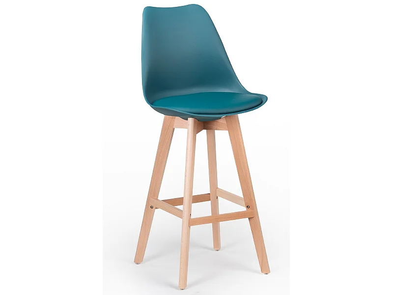 Tabouret haut nordique coussin simili cuir bleu canard et pieds hêtre clair Tula 76cm