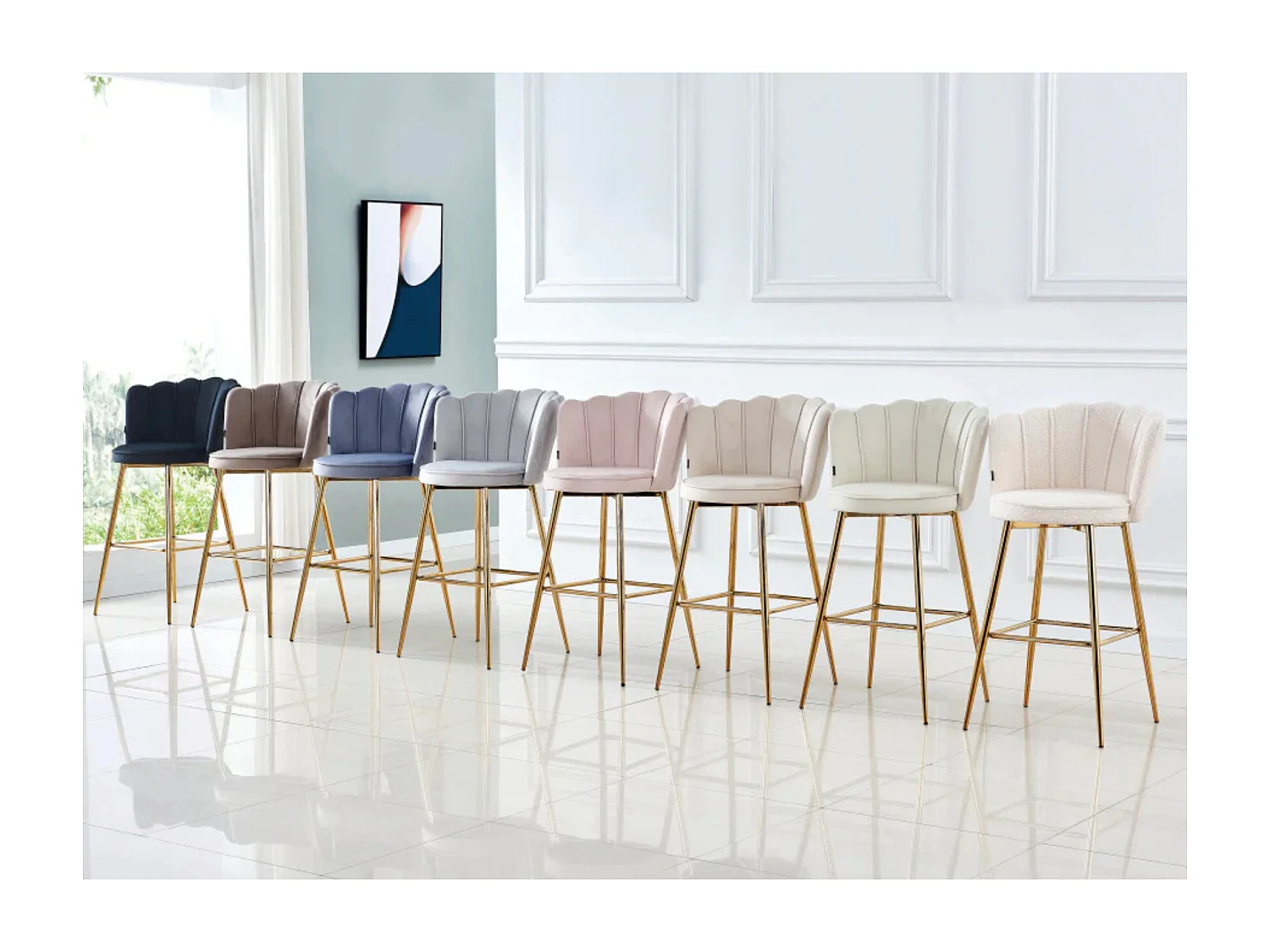 Chaise de bar moderne velours et pieds métal doré Pétale - Lot de 2-Couleur Beige