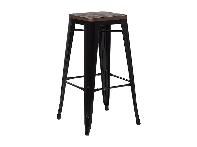 Tabouret haut industriel acier brillant et assise en bois massif marron Reko 76cm-Couleur Noir
