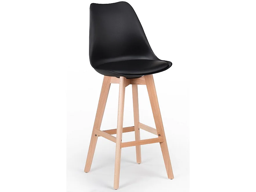 Taburete alto nórdico con cojín de polipiel negro y patas de haya clara Tula 76 cm