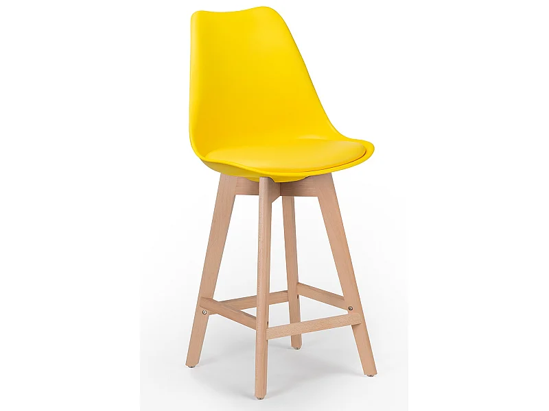 Taburete nórdico con cojín de polipiel amarillo limón y patas de haya clara Tula 67 cm