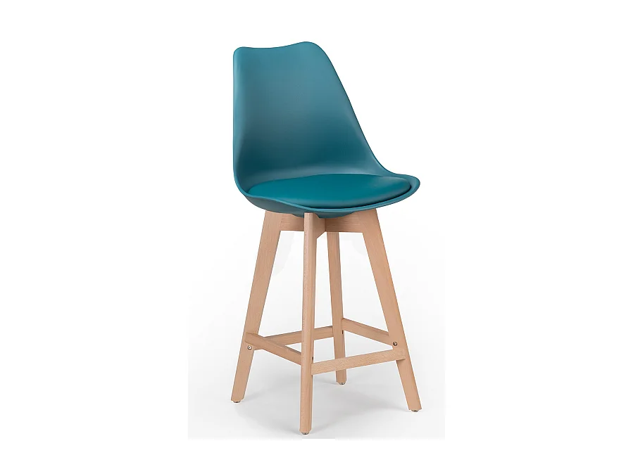 Tabouret nordique coussin simili cuir bleu canard et pieds hêtre clair Tula 67cm