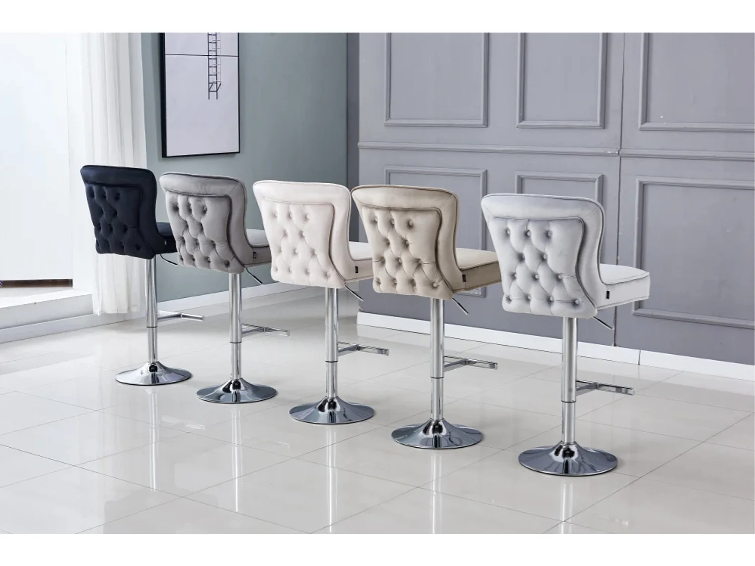 Tabouret capitonné velours et et pied chromé Gaby - Lot de 2-Couleur Gris clair