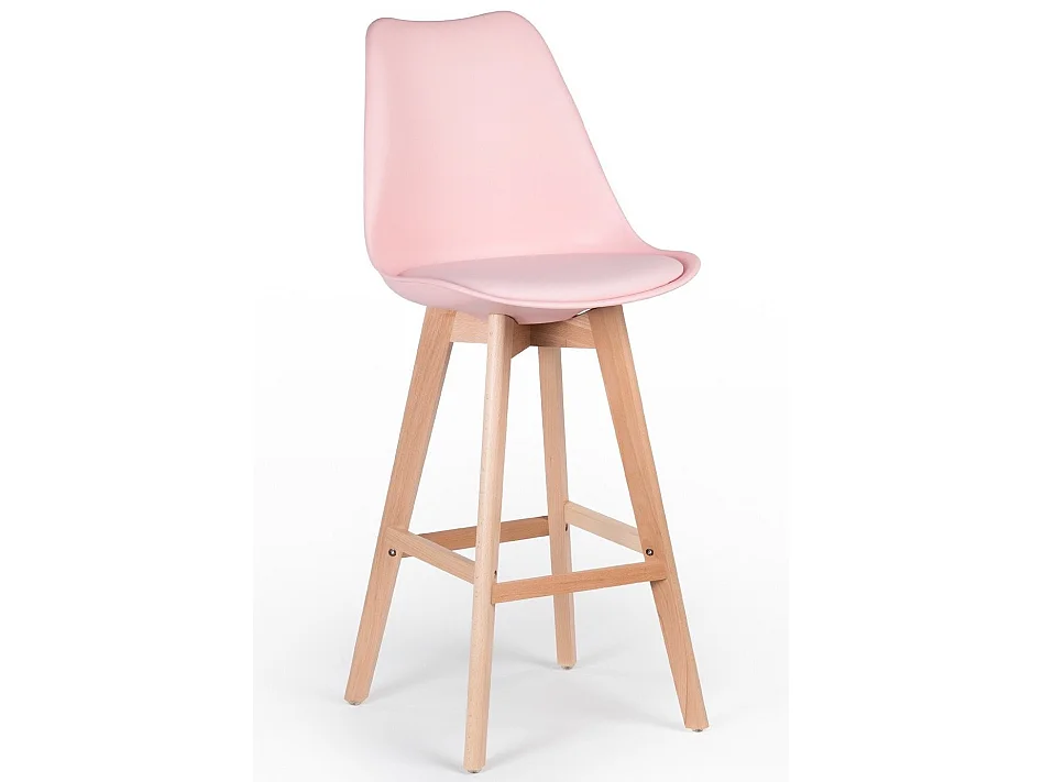 Tabouret haut nordique coussin simili cuir rose clair et pieds hêtre clair Tula 76cm