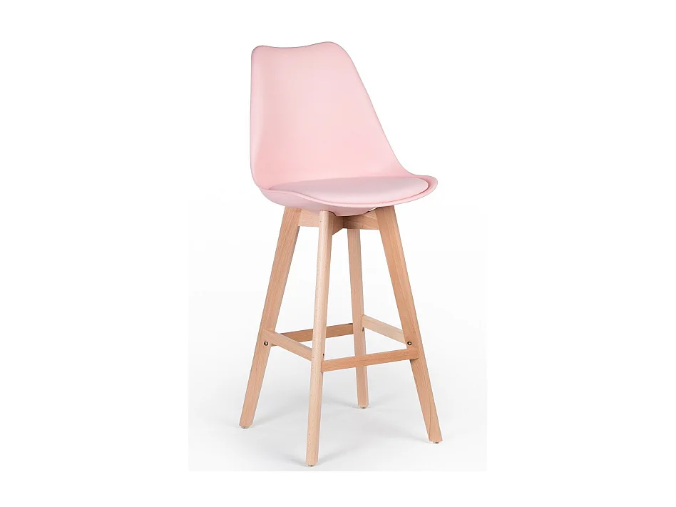Tabouret haut nordique coussin simili cuir rose clair et pieds hêtre clair Tula 76cm