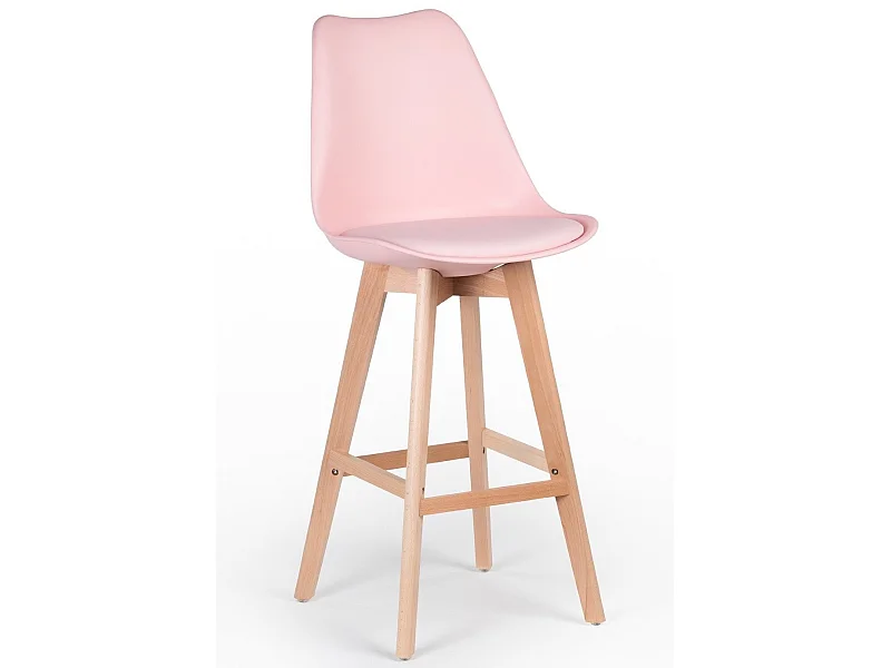 Tabouret haut nordique coussin simili cuir rose clair et pieds hêtre clair Tula 76cm