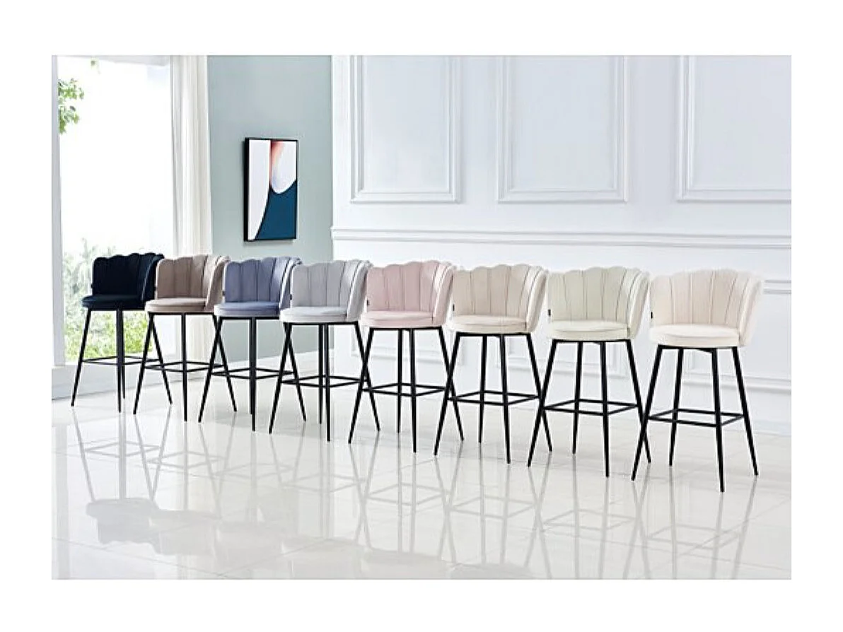 Chaise de bar moderne velours et pieds métal noir Pétale - Lot de 2-Couleur Rose clair