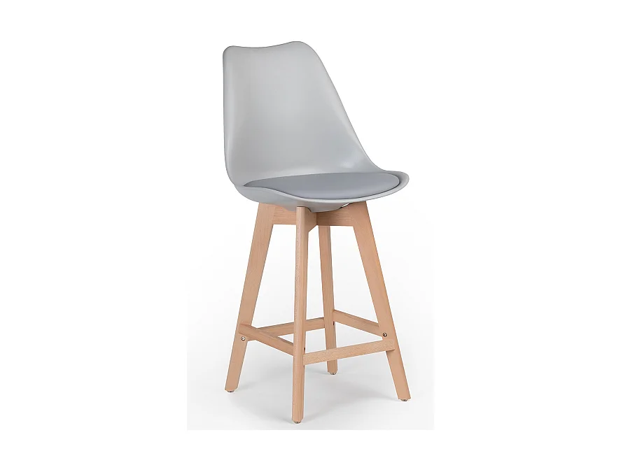 Taburete nórdico con cojín polipiel gris claro y patas de haya clara Tula 67 cm