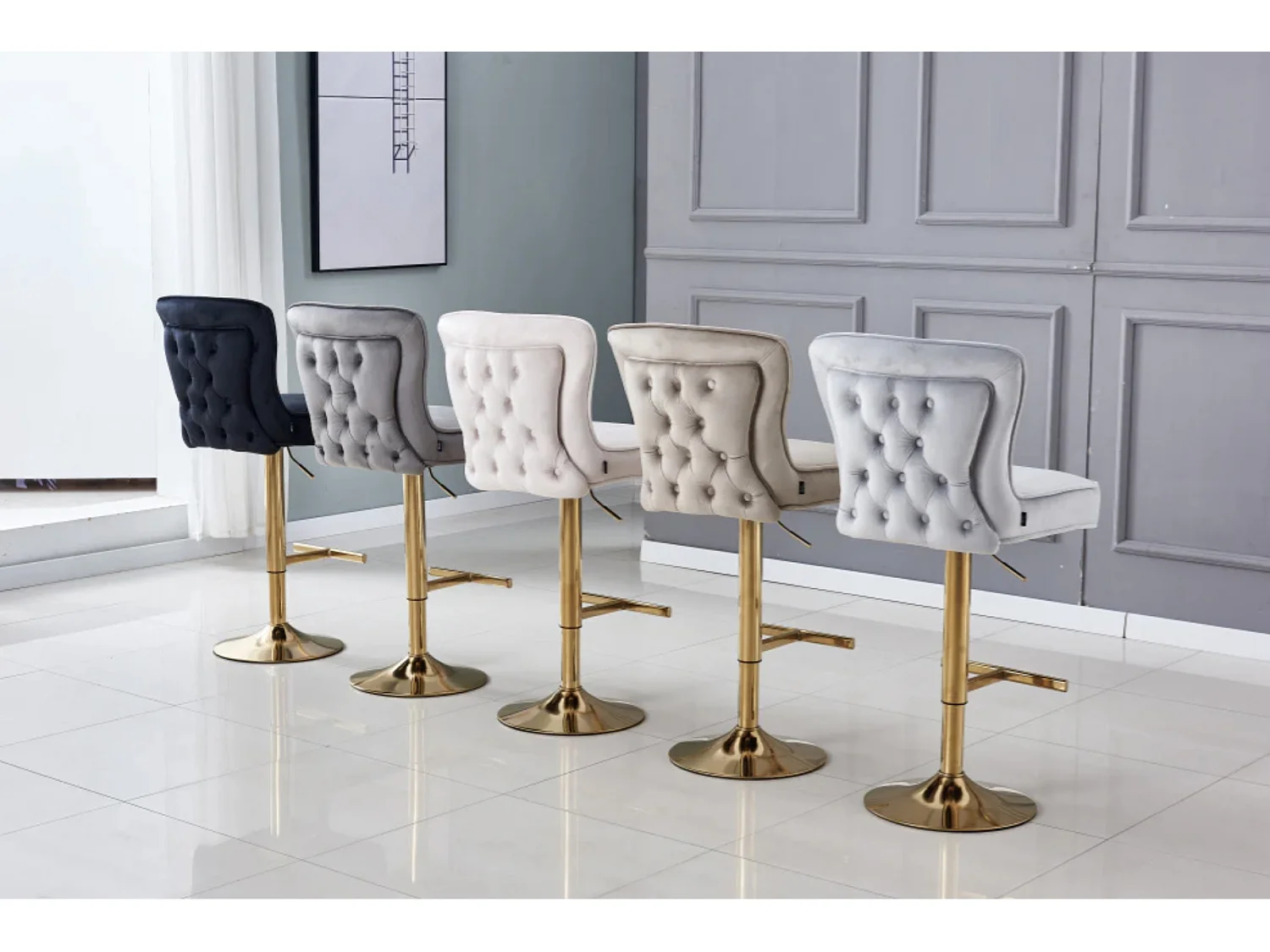 Tabouret capitonné velours et et pied doré Gaby - Lot de 2-Couleur Noir