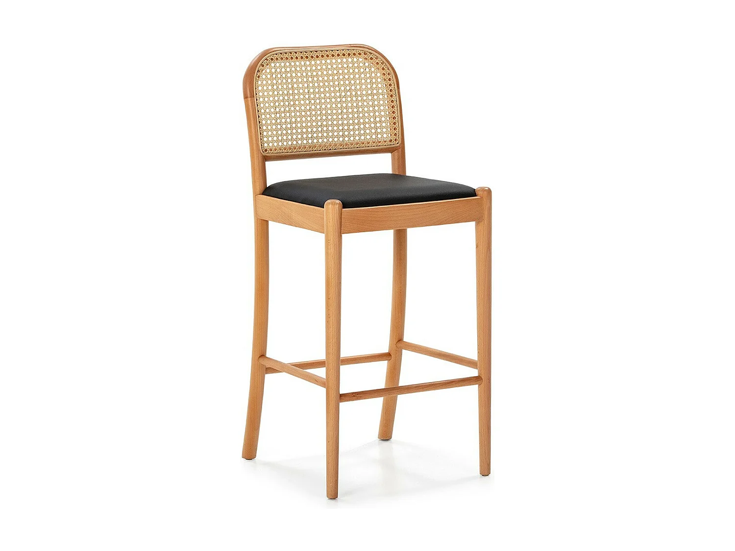 Tabouret de bar bois naturel avec cuir et rotin naturel Samy